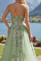 Load image into Gallery viewer, Strapless Corset Green Floral Long A Line Beaded Prom Dress