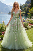 Load image into Gallery viewer, Floral V-Neck Green Long A Line Prom Dress with Beading