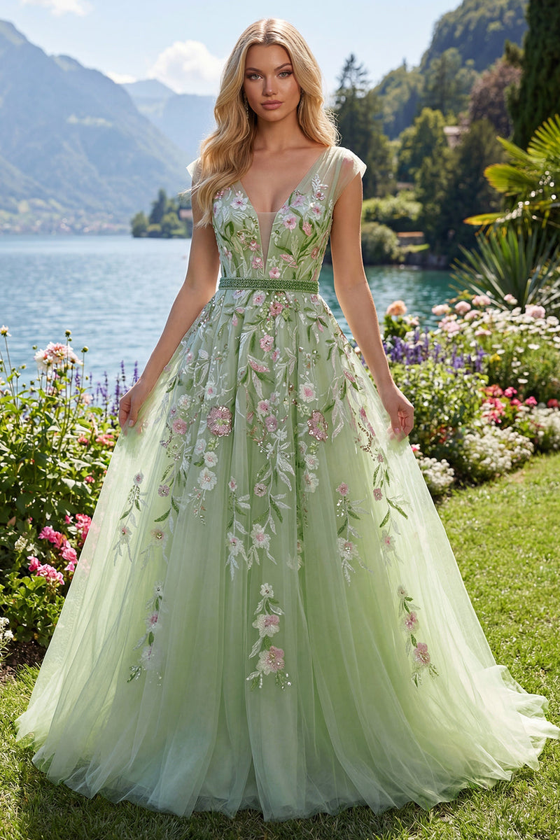 Load image into Gallery viewer, Floral V-Neck Green Long A Line Prom Dress with Beading