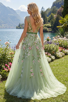 Floral V-Neck Green Long A Line Prom Dress with Beading