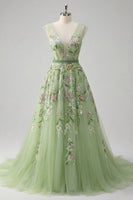 Load image into Gallery viewer, Floral V-Neck Green Long A Line Prom Dress with Beading