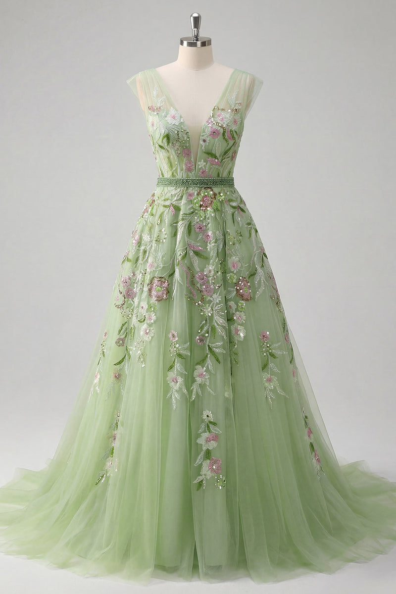 Load image into Gallery viewer, Floral V-Neck Green Long A Line Prom Dress with Beading