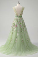 Load image into Gallery viewer, Floral V-Neck Green Long A Line Prom Dress with Beading