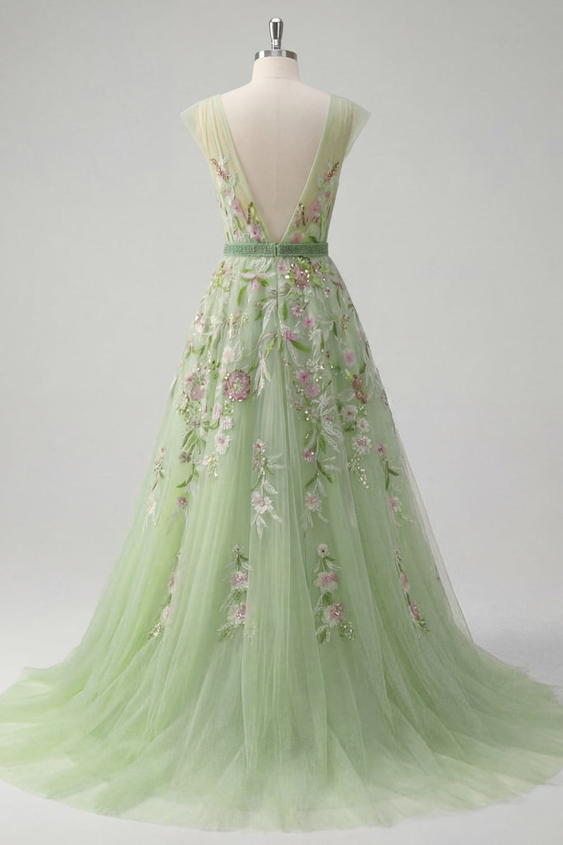 Load image into Gallery viewer, Floral V-Neck Green Long A Line Prom Dress with Beading