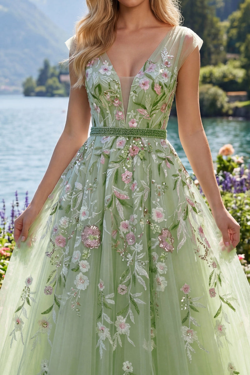Load image into Gallery viewer, Floral V-Neck Green Long A Line Prom Dress with Beading