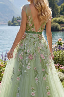 Load image into Gallery viewer, Floral V-Neck Green Long A Line Prom Dress with Beading