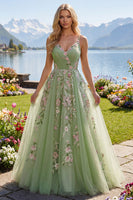 Load image into Gallery viewer, Green Floral Ruched V-Neck Long A Line Prom Dress with Beading