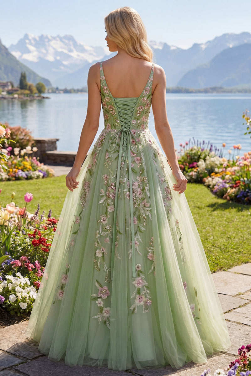 Load image into Gallery viewer, Green Floral Ruched V-Neck Long A Line Prom Dress with Beading