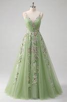 Load image into Gallery viewer, Green Floral Ruched V-Neck Long A Line Prom Dress with Beading