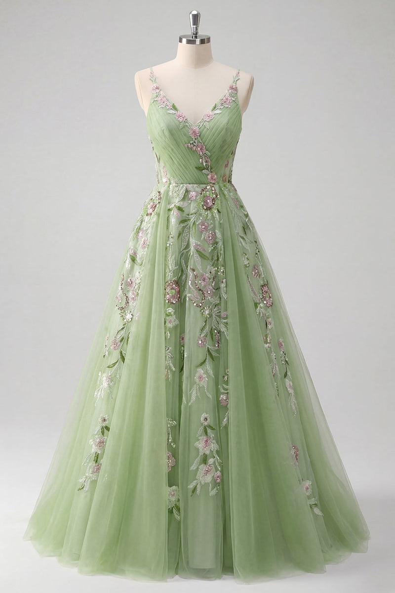 Load image into Gallery viewer, Green Floral Ruched V-Neck Long A Line Prom Dress with Beading