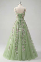 Load image into Gallery viewer, Green Floral Ruched V-Neck Long A Line Prom Dress with Beading