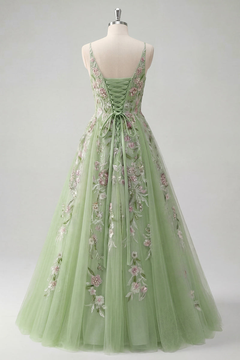 Load image into Gallery viewer, Green Floral Ruched V-Neck Long A Line Prom Dress with Beading