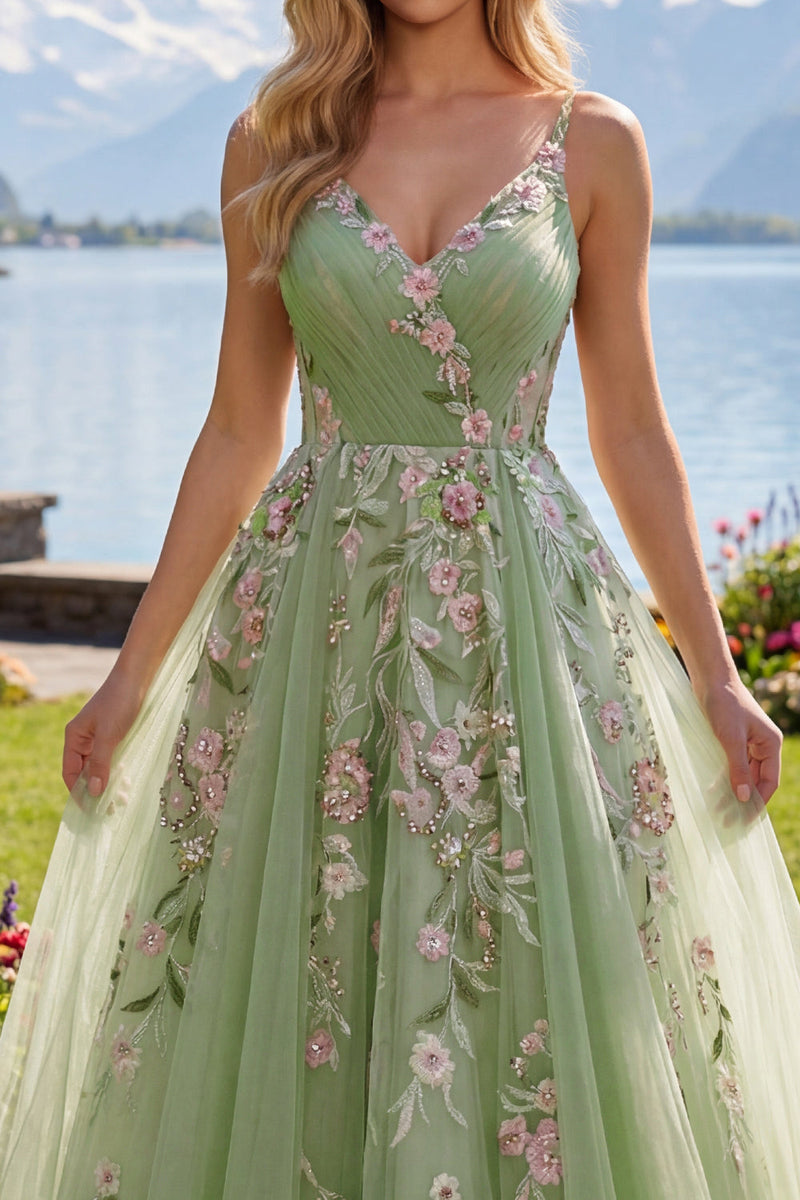 Load image into Gallery viewer, Green Floral Ruched V-Neck Long A Line Prom Dress with Beading