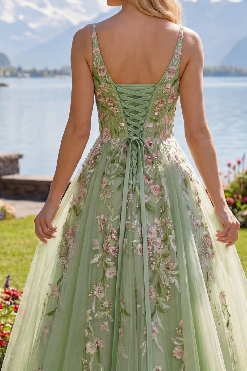 Load image into Gallery viewer, Green Floral Ruched V-Neck Long A Line Prom Dress with Beading