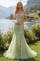 Load image into Gallery viewer, Mermaid Corset Floral Green Long Off the Shoulder Prom Dress