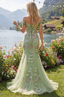 Load image into Gallery viewer, Mermaid Corset Floral Green Long Off the Shoulder Prom Dress