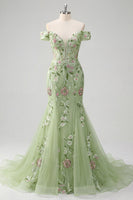 Load image into Gallery viewer, Mermaid Corset Floral Green Long Off the Shoulder Prom Dress