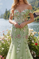 Load image into Gallery viewer, Mermaid Corset Floral Green Long Off the Shoulder Prom Dress