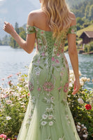 Load image into Gallery viewer, Mermaid Corset Floral Green Long Off the Shoulder Prom Dress