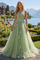 Load image into Gallery viewer, Boat Neck Green Long Floral A Line Prom Dress