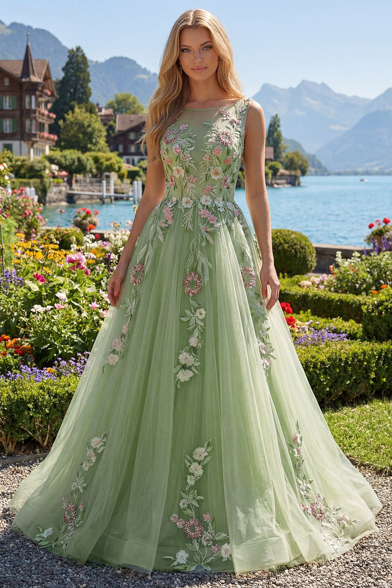 Load image into Gallery viewer, Boat Neck Green Long Floral A Line Prom Dress