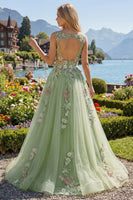 Load image into Gallery viewer, Boat Neck Green Long Floral A Line Prom Dress