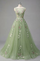 Load image into Gallery viewer, Boat Neck Green Long Floral A Line Prom Dress
