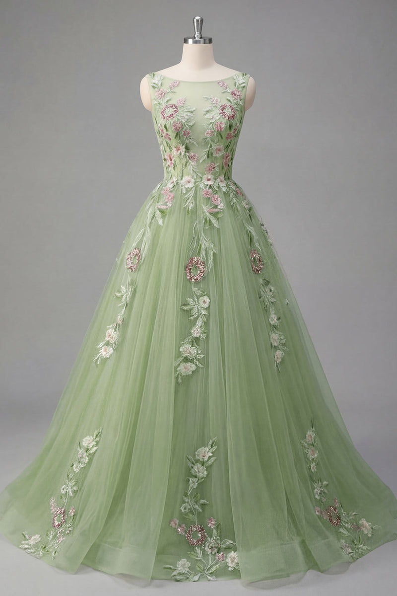 Load image into Gallery viewer, Boat Neck Green Long Floral A Line Prom Dress