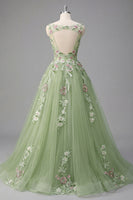 Load image into Gallery viewer, Boat Neck Green Long Floral A Line Prom Dress