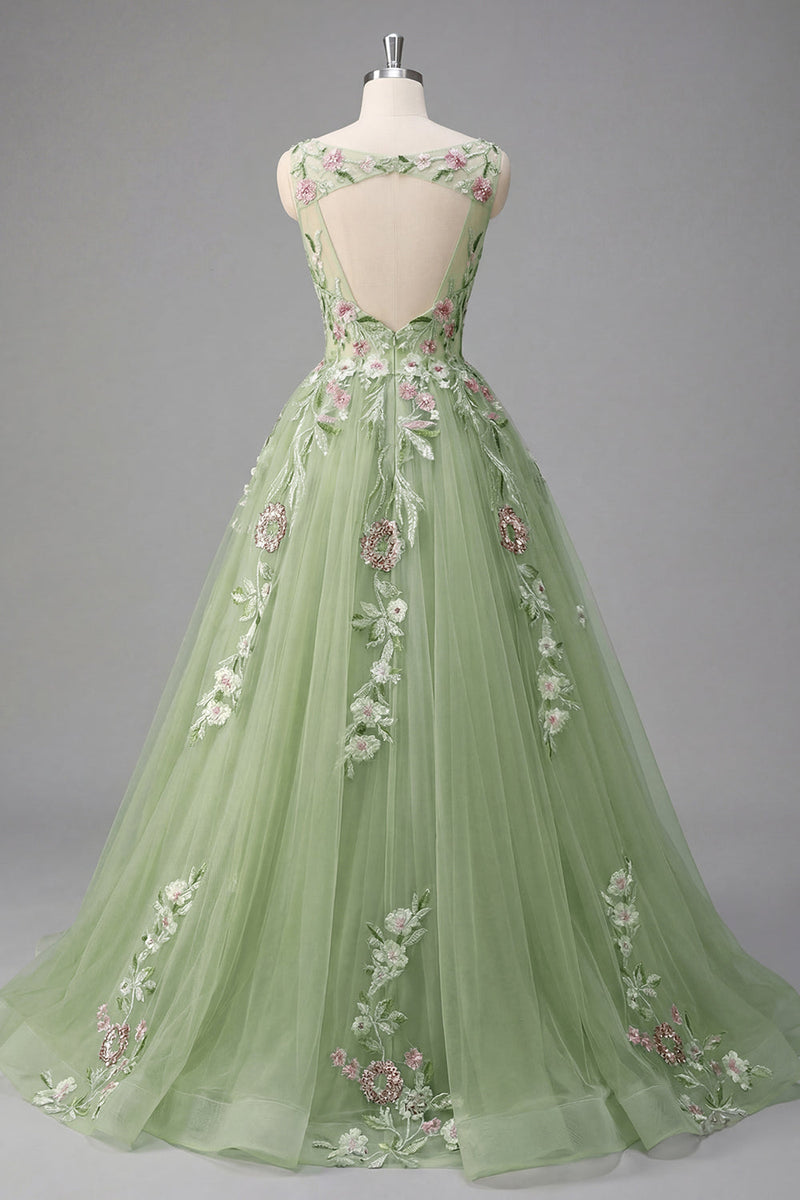 Load image into Gallery viewer, Boat Neck Green Long Floral A Line Prom Dress