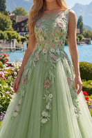 Load image into Gallery viewer, Boat Neck Green Long Floral A Line Prom Dress