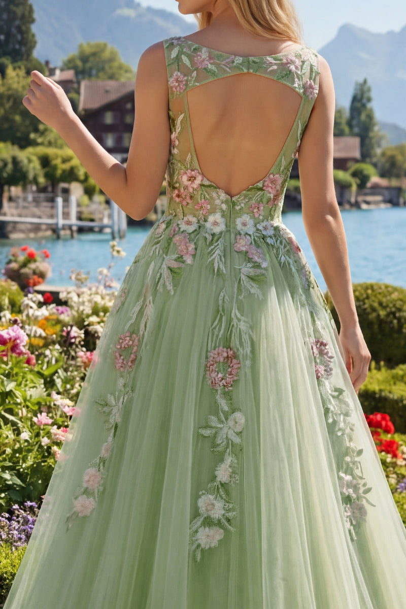 Load image into Gallery viewer, Boat Neck Green Long Floral A Line Prom Dress