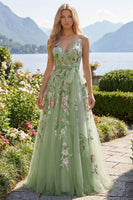 Load image into Gallery viewer, V-Neck Green Long A Line Beaded Floral Prom Dress with Appliques
