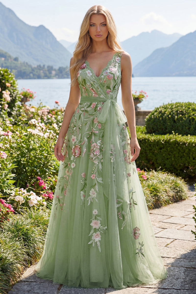 Load image into Gallery viewer, V-Neck Green Long A Line Beaded Floral Prom Dress with Appliques