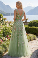 Load image into Gallery viewer, V-Neck Green Long A Line Beaded Floral Prom Dress with Appliques