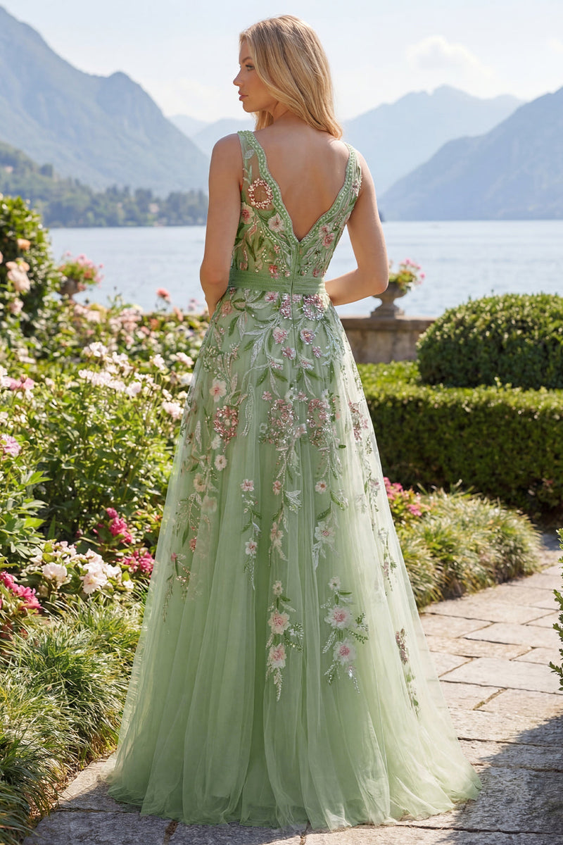Load image into Gallery viewer, V-Neck Green Long A Line Beaded Floral Prom Dress with Appliques