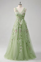 Load image into Gallery viewer, V-Neck Green Long A Line Beaded Floral Prom Dress with Appliques