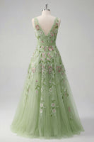 Load image into Gallery viewer, V-Neck Green Long A Line Beaded Floral Prom Dress with Appliques