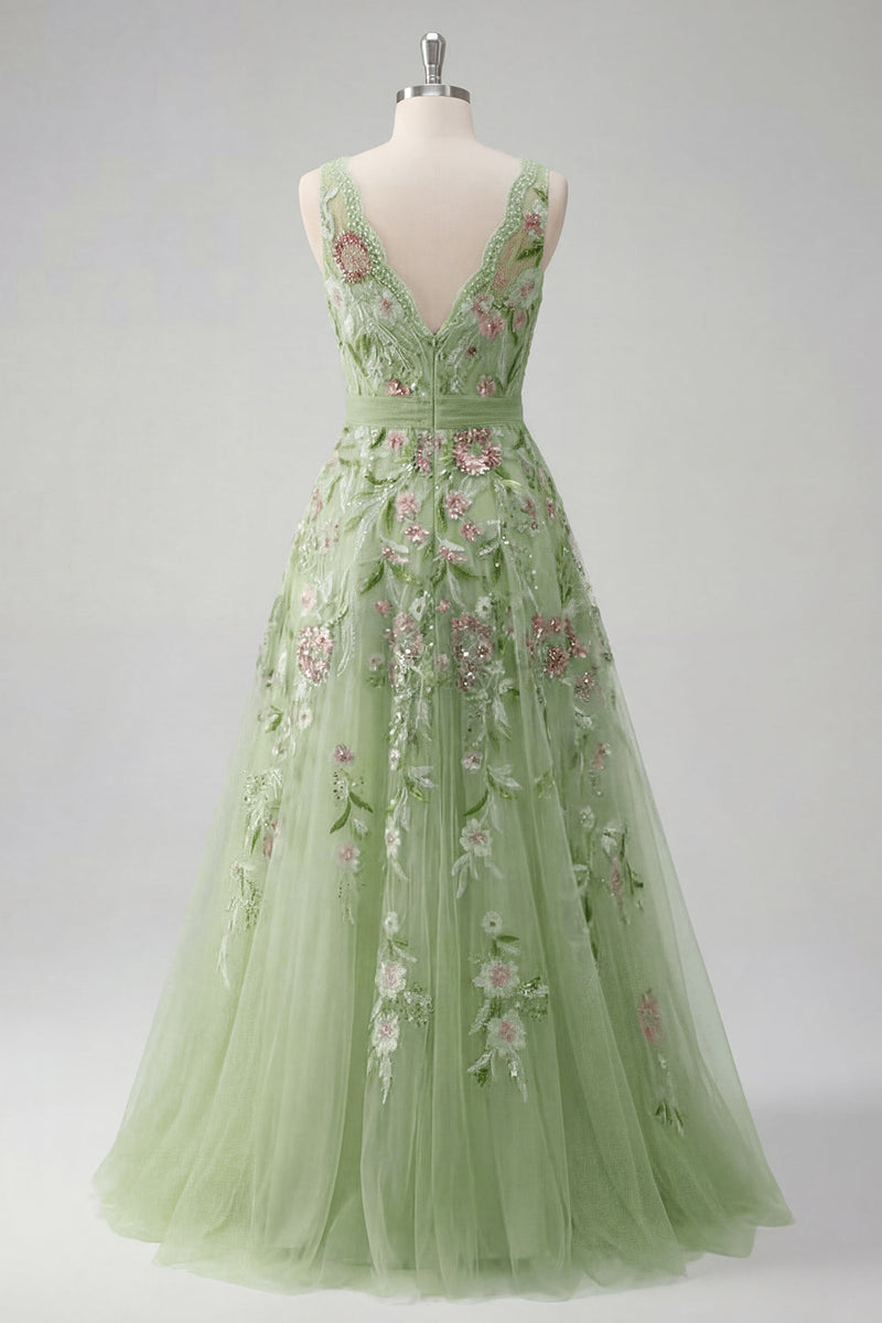 Load image into Gallery viewer, V-Neck Green Long A Line Beaded Floral Prom Dress with Appliques