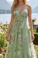 Load image into Gallery viewer, V-Neck Green Long A Line Beaded Floral Prom Dress with Appliques