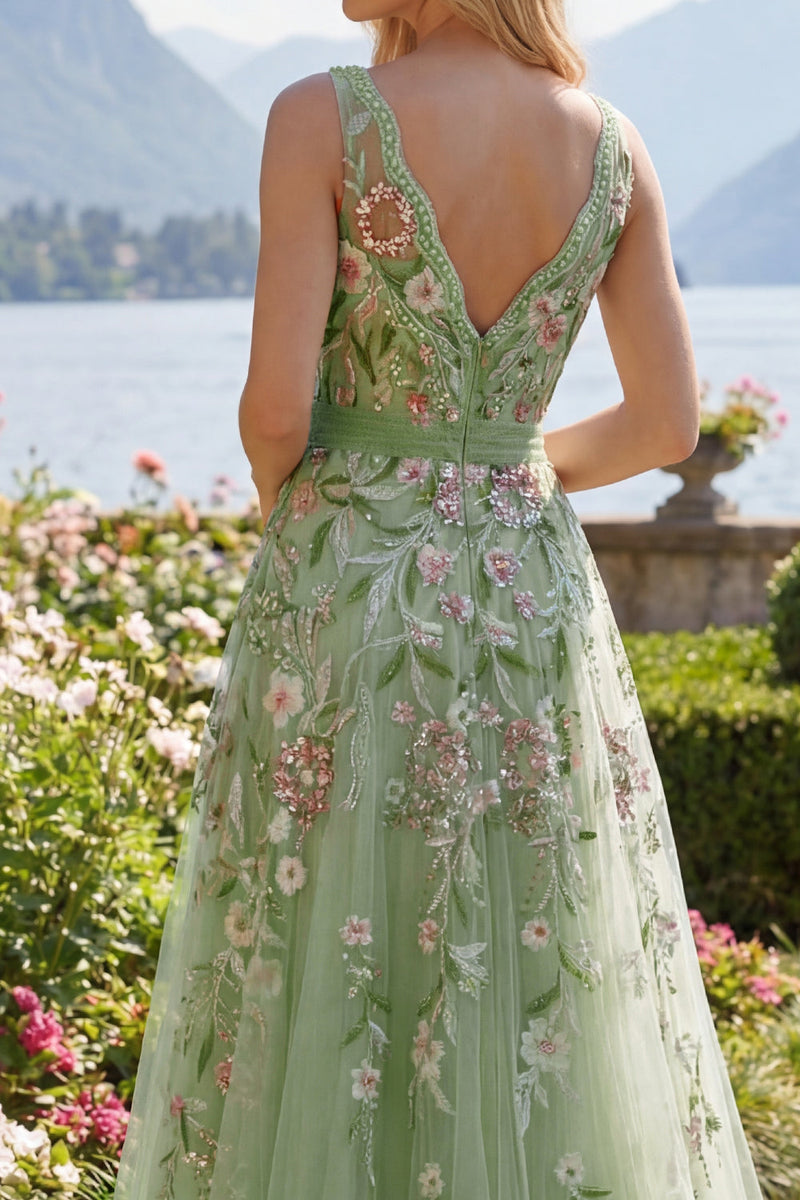 Load image into Gallery viewer, V-Neck Green Long A Line Beaded Floral Prom Dress with Appliques