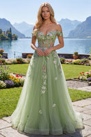 Load image into Gallery viewer, Green Off the Shoulder Corset Long A Line Floral Beaded Prom Dress