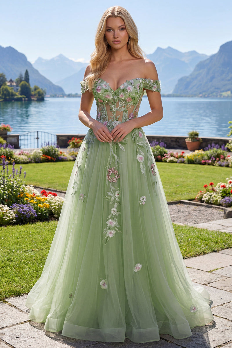 Load image into Gallery viewer, Green Off the Shoulder Corset Long A Line Floral Beaded Prom Dress