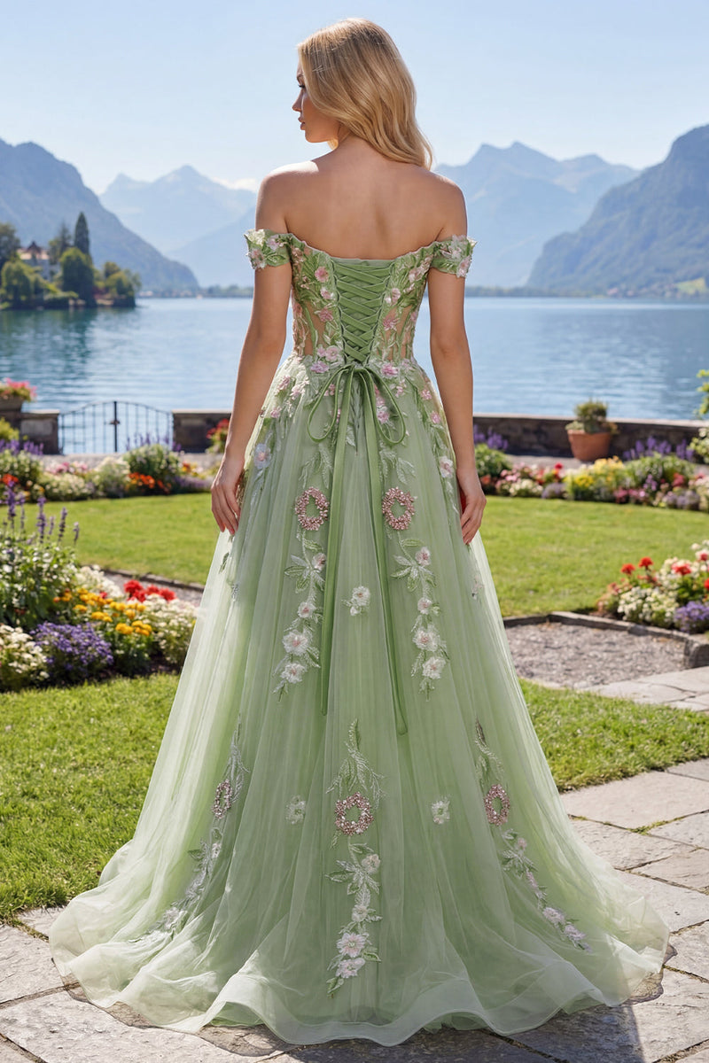 Load image into Gallery viewer, Green Off the Shoulder Corset Long A Line Floral Beaded Prom Dress