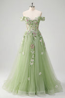 Load image into Gallery viewer, Green Off the Shoulder Corset Long A Line Floral Beaded Prom Dress