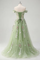 Load image into Gallery viewer, Green Off the Shoulder Corset Long A Line Floral Beaded Prom Dress