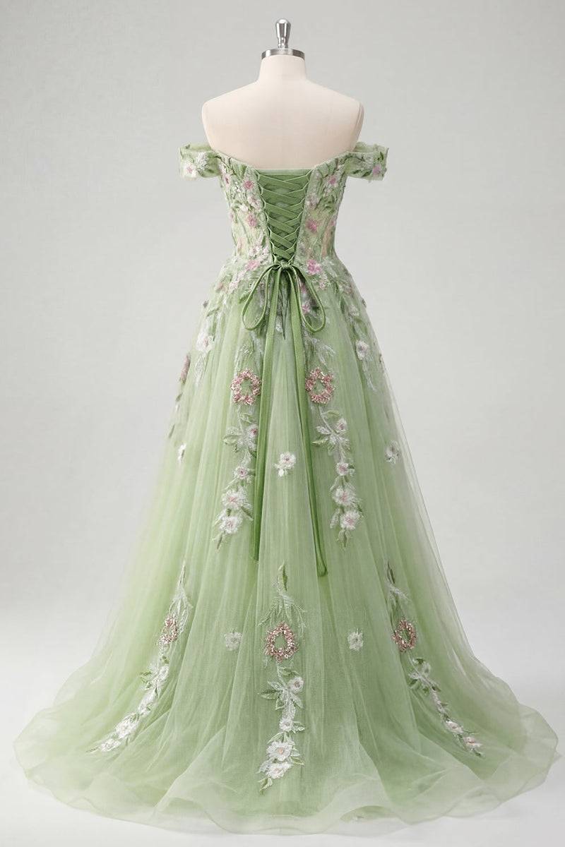 Load image into Gallery viewer, Green Off the Shoulder Corset Long A Line Floral Beaded Prom Dress