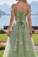 Load image into Gallery viewer, Green Off the Shoulder Corset Long A Line Floral Beaded Prom Dress
