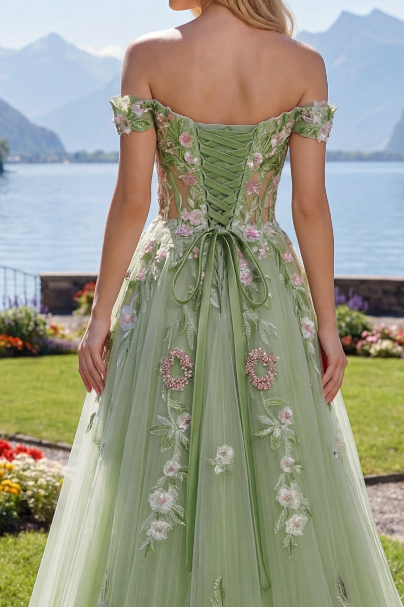 Load image into Gallery viewer, Green Off the Shoulder Corset Long A Line Floral Beaded Prom Dress