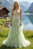Load image into Gallery viewer, Mermaid Corset Floral Green Long V-Neck Ruched Prom Dress with Ruffles